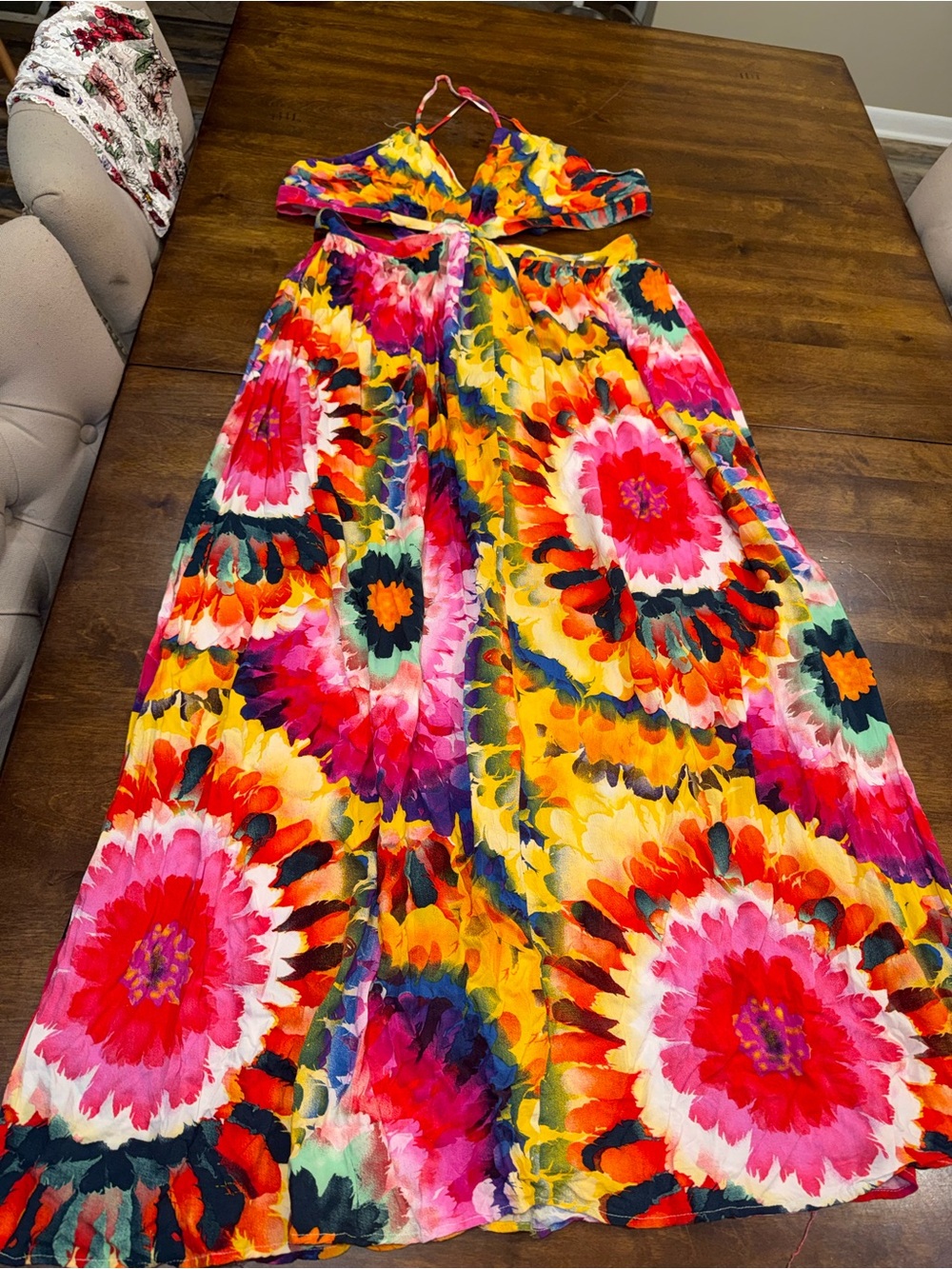 Fashion Nova Multicolor Floral Maxi Dress in Pink, Yellow & Orange w/cutouts